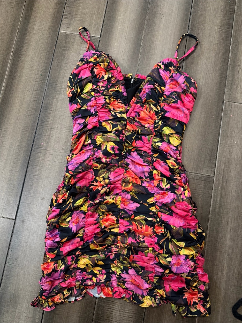 For Love & Lemons Black Dress with Pink and Yellow Floral Trim